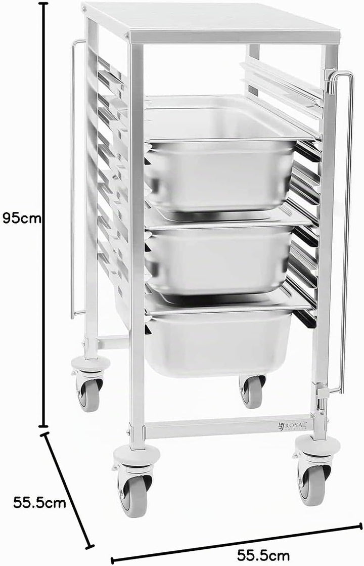 Royal Catering RCTW 6 GN 1/1 Tablettwagen 80 mm Abstand Edelstahl 6 Einschübe Quereinschub Räder mit