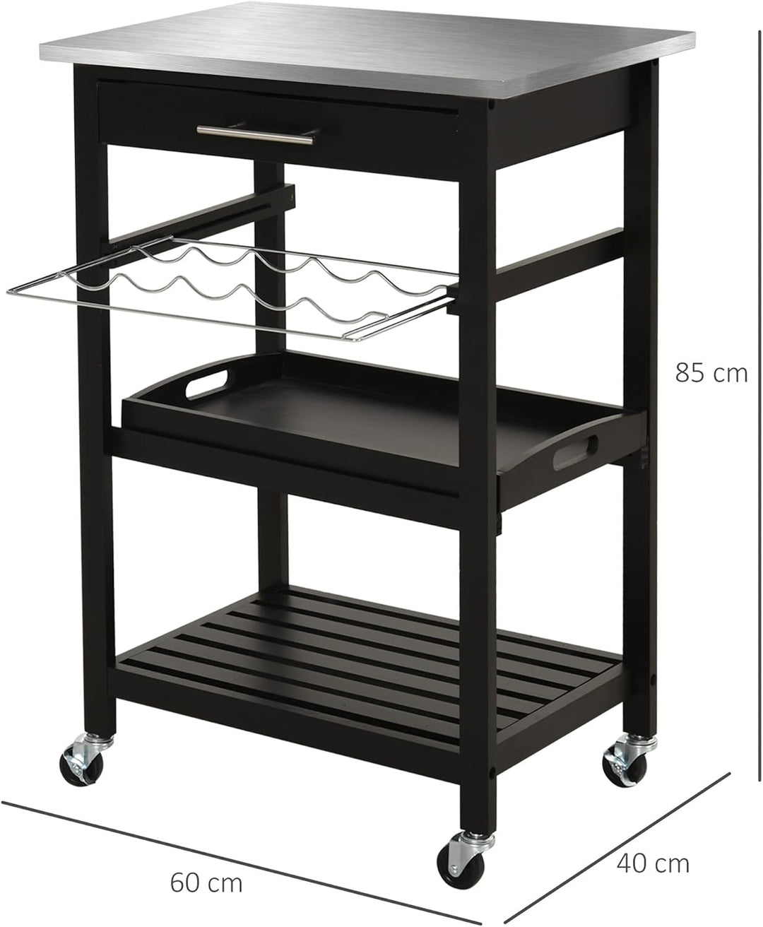 HOMCOM Servierwagen Küchenwagen Rolltisch mit Flaschenregal 60L x 40l x 85H cm Edelstahlplatte. Schw