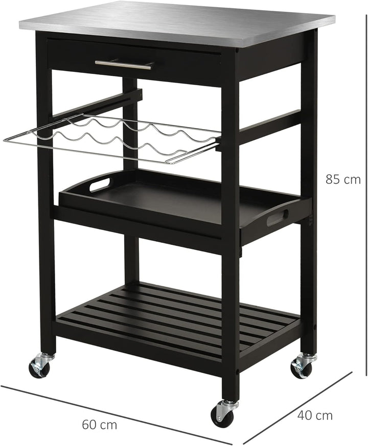 HOMCOM Servierwagen Küchenwagen Rolltisch mit Flaschenregal 60L x 40l x 85H cm Edelstahlplatte. Schw