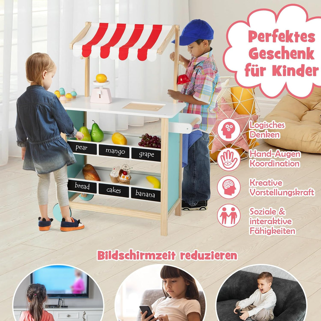 DREAMADE Kinder Eiswagen mit 6 Spielzeug-Eiscreme, Kaufladen aus Holz mit 2 Rädern und Markise, Eink