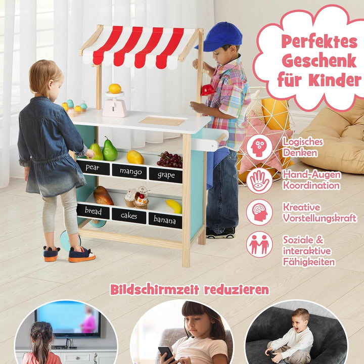 DREAMADE Kinder Eiswagen mit 6 Spielzeug-Eiscreme, Kaufladen aus Holz mit 2 Rädern und Markise, Eink