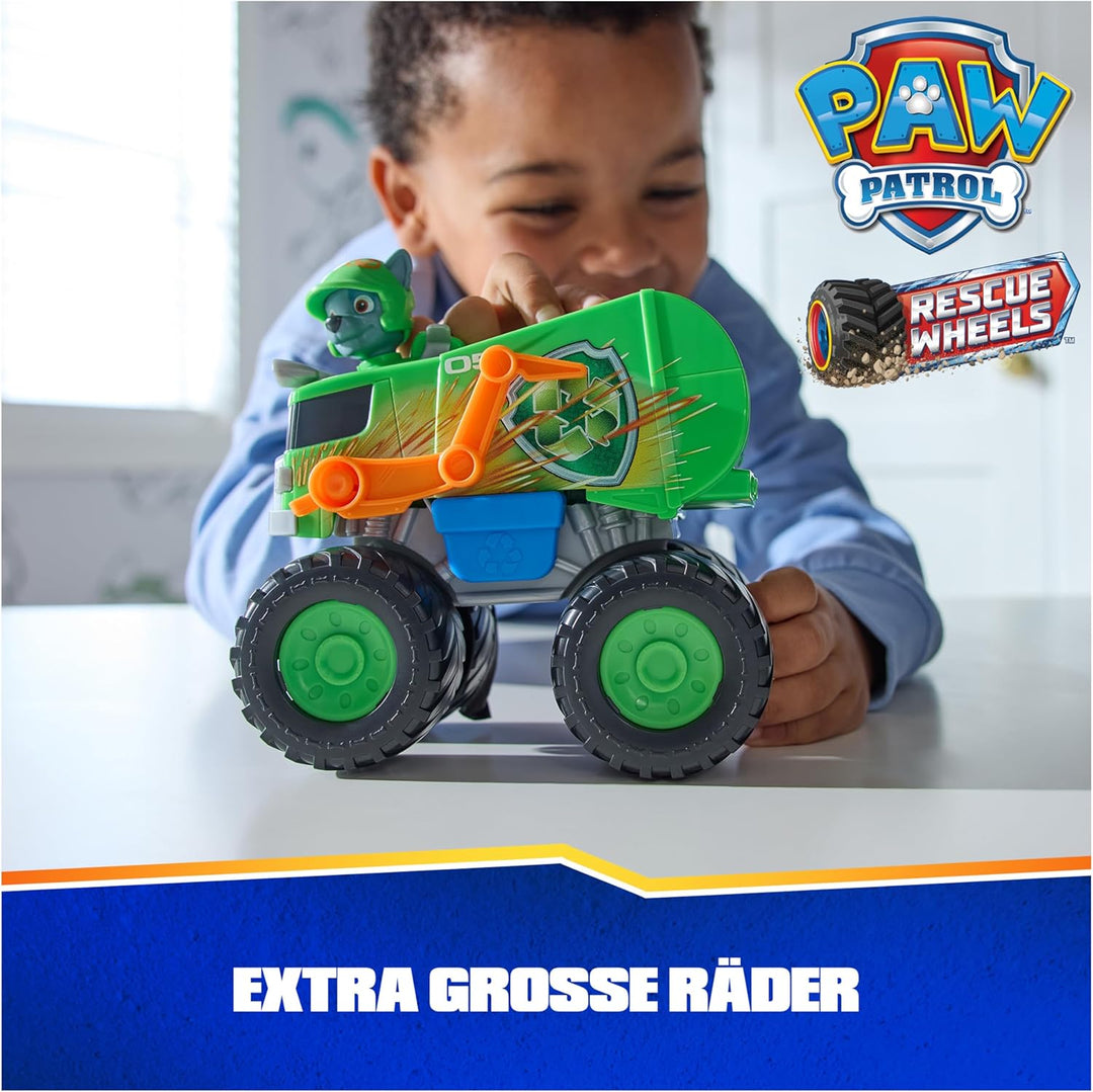 PAW PATROL Rescue Wheels - Rockys Recycling Monstertruck mit Geschoss-Abwurf und Rocky Hundefigur, S