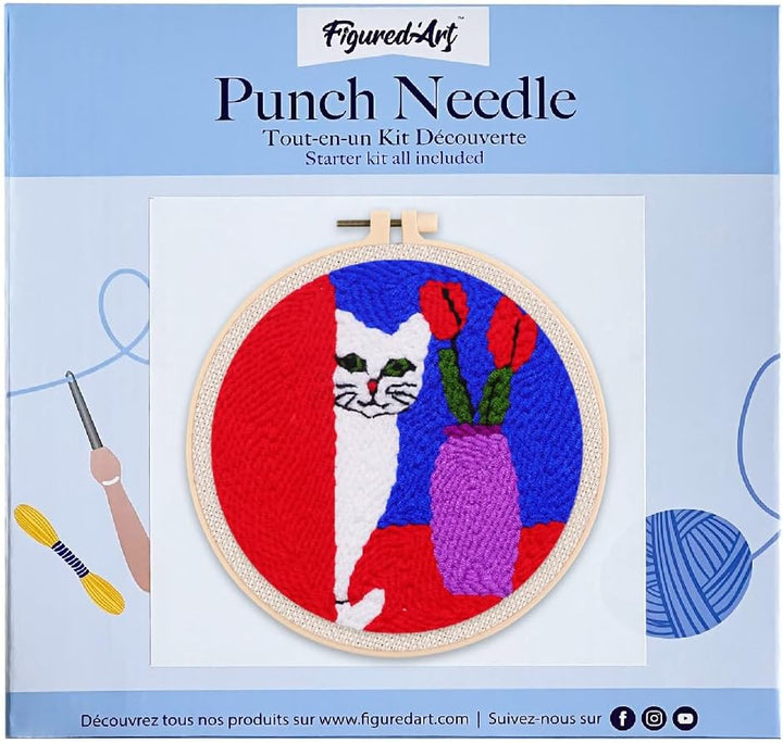Figured'Art Punch Needle Set für Erwachsene - Stickerei, ideal für Anfänger - Neugierige Katze - 20x