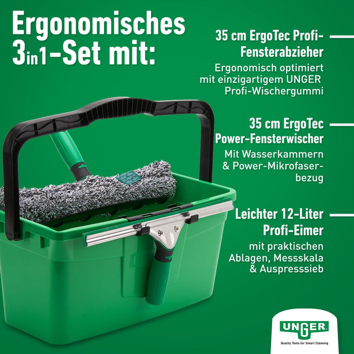 Unger Fenster Reinigungs-Set (Fensterwischer, Trägerteil, Mikrofaser-Bezug, Eimer 18 L, Breite 35 cm