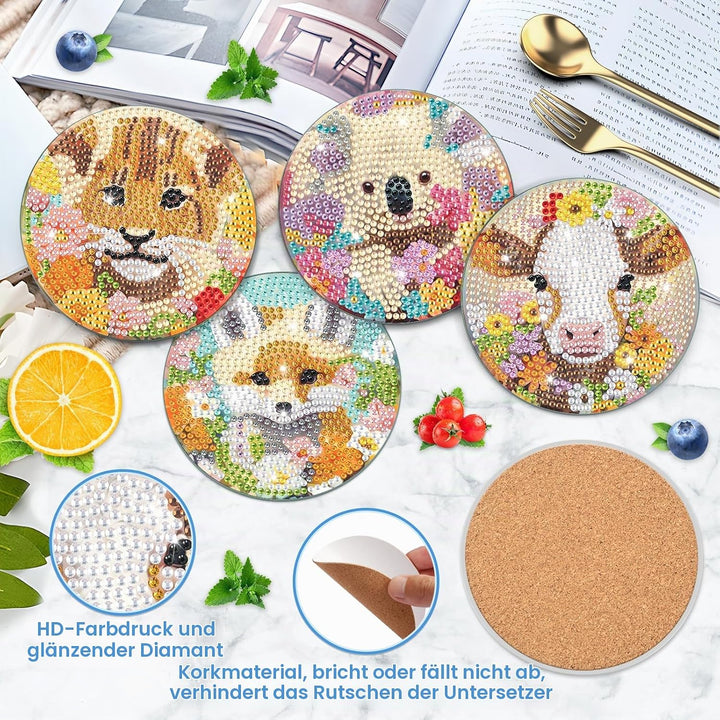 8 STK Diamond Painting Untersetzer mit Halter, Diamant Tassenuntersetzer mit Kork, Tiere für Erwachs