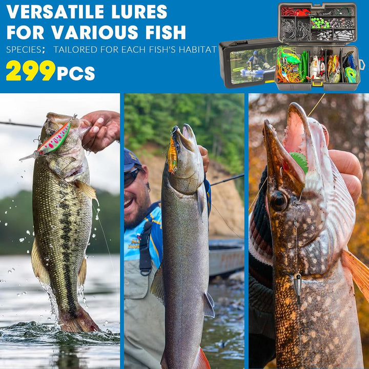 THKFISH Angelköder-Set, 299 Stück Angelzubehör Ausrüstung, Angelset Angelsachen Angelkoffer Köderbox