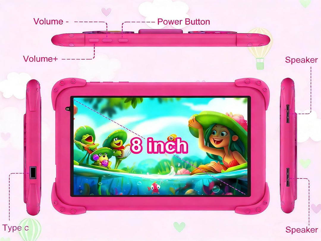 Kinder Tablet 8 Zoll mit WiFi Bluetooth 128 GB ROM 6 GB RAM Touchscreen Android 11 für Kinder 2 bis