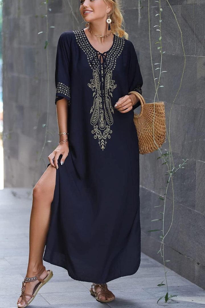 L-Peach Damen Stickerei Kaftan Loungewear Homewear Übergrosse Kimono Maxi Strandkleid Cover Ups Robe