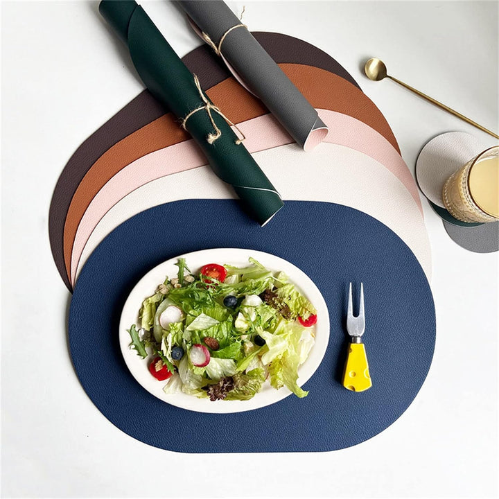 Oval Tischsets Abwischbar, Leder Kunstleder Platzset Zweifarbig Wasserdicht Platzdecken mit Unterset