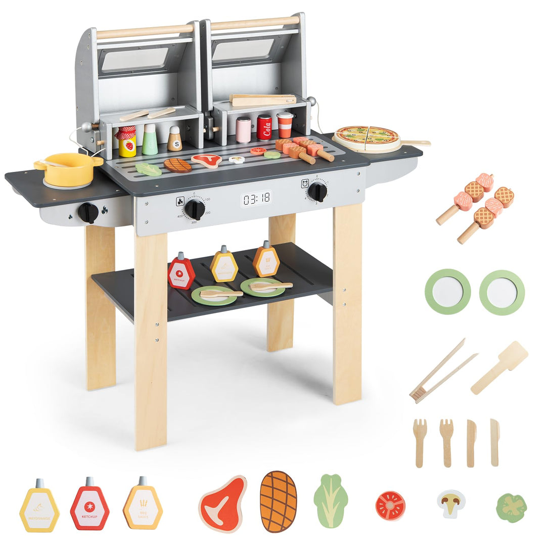 COSTWAY Barbecue Kindergrill, Grillspielzeug mit Grillbesteck & Spiel-Lebensmitteln, Matschküchemit