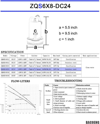 BACOENG DC 24V Elektrische Solar Tauchpumpe Wasser Brunnenpumpe für Bauernhof Weide 23FT, DC 24V