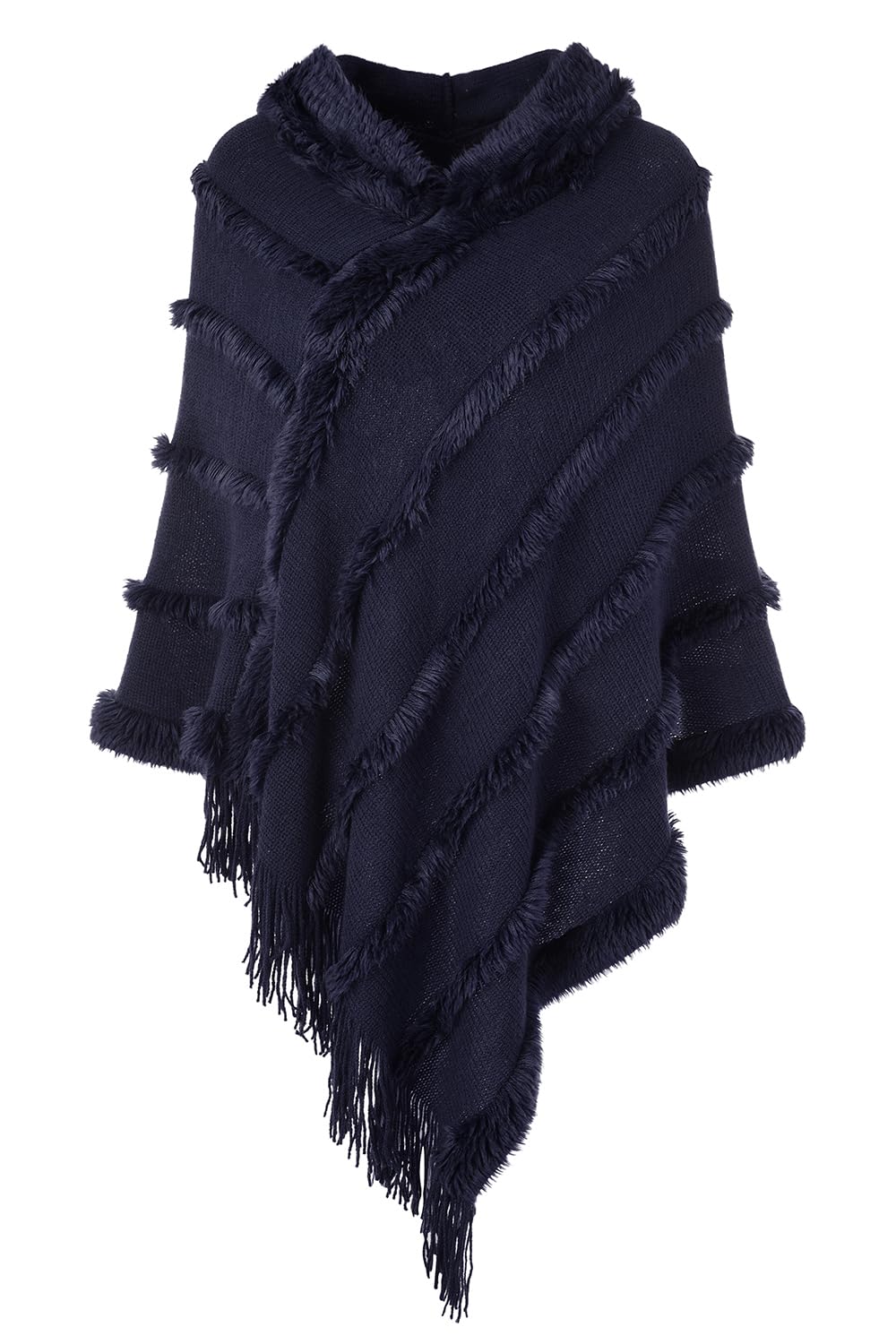 Ferand Poncho Damen mit Kapuze, Warmer Winterponcho, Gestreifte Cape Umhang mit Fransen Elegant Navy