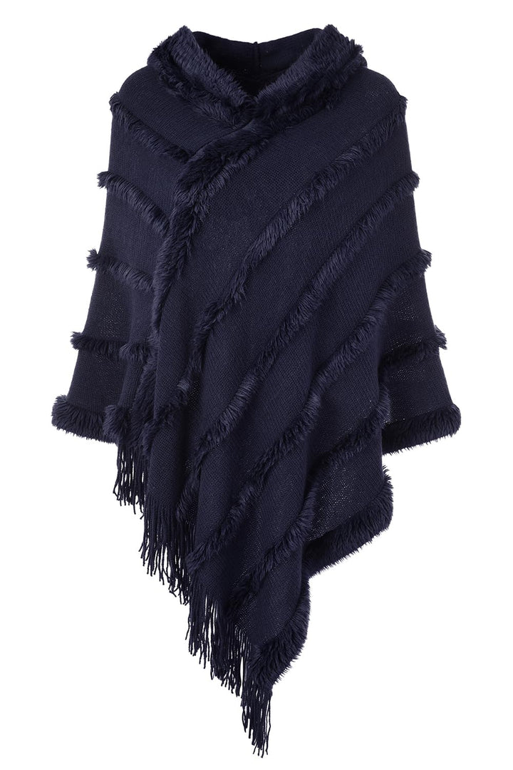 Ferand Poncho Damen mit Kapuze, Warmer Winterponcho, Gestreifte Cape Umhang mit Fransen Elegant Navy