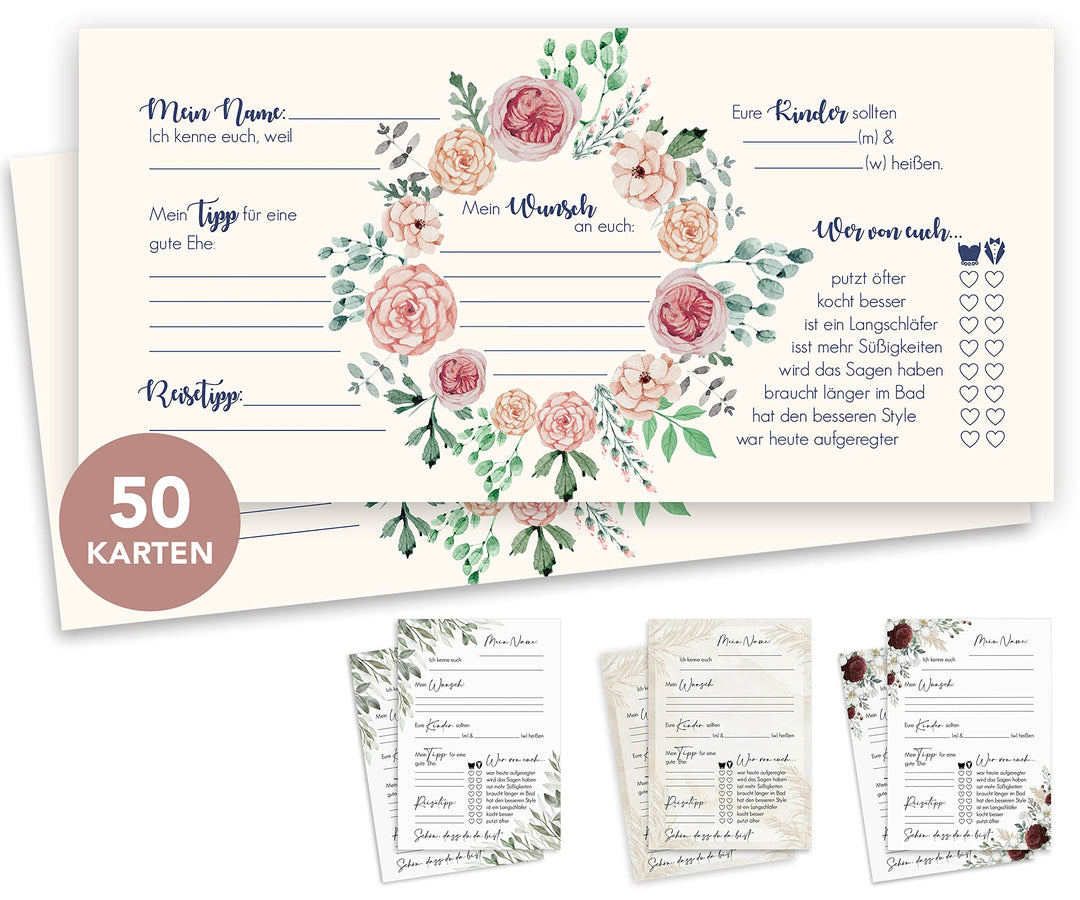 50 Gästekarten Hochzeit zum Ausfüllen - Gästebuchkarten und -seiten - Hochzeitsspiel - Creme 50 Lang