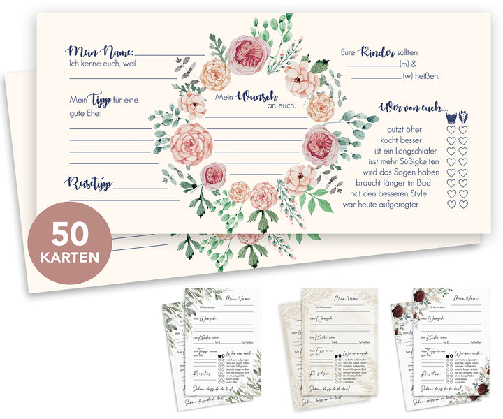 50 Gästekarten Hochzeit zum Ausfüllen - Gästebuchkarten und -seiten - Hochzeitsspiel - Creme 50 Lang