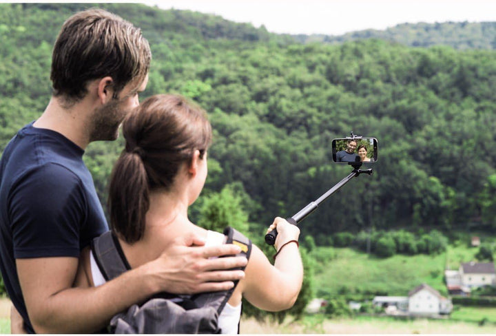 Hama Selfie-Stick, Reise-Teleskopstab mit Neiger-Stativkopf für Smartphones, Kameras und GoPro-Actio