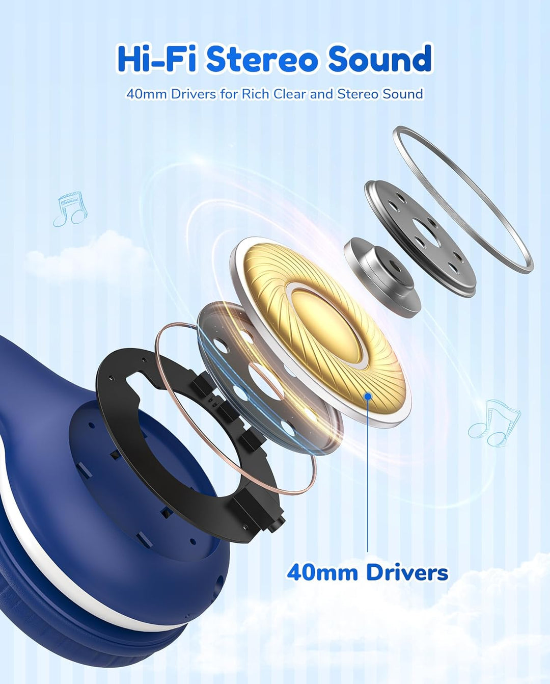 EarFun Bluetooth Kopfhörer Kinder, 85/94dB Lautstärkeregelung, HiFi Sound, HD-Mikrofon, 40 Std Akku,