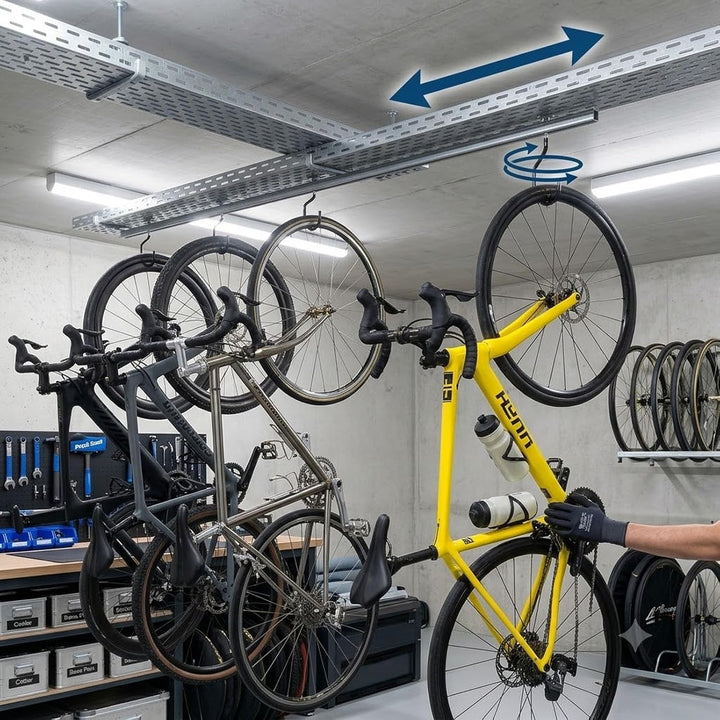 ATTAS Fahrradaufhängung Deckenhalterung 1 Meter Schiene | 5 Laufwagen mit Fahrradhaken | Verzinkter
