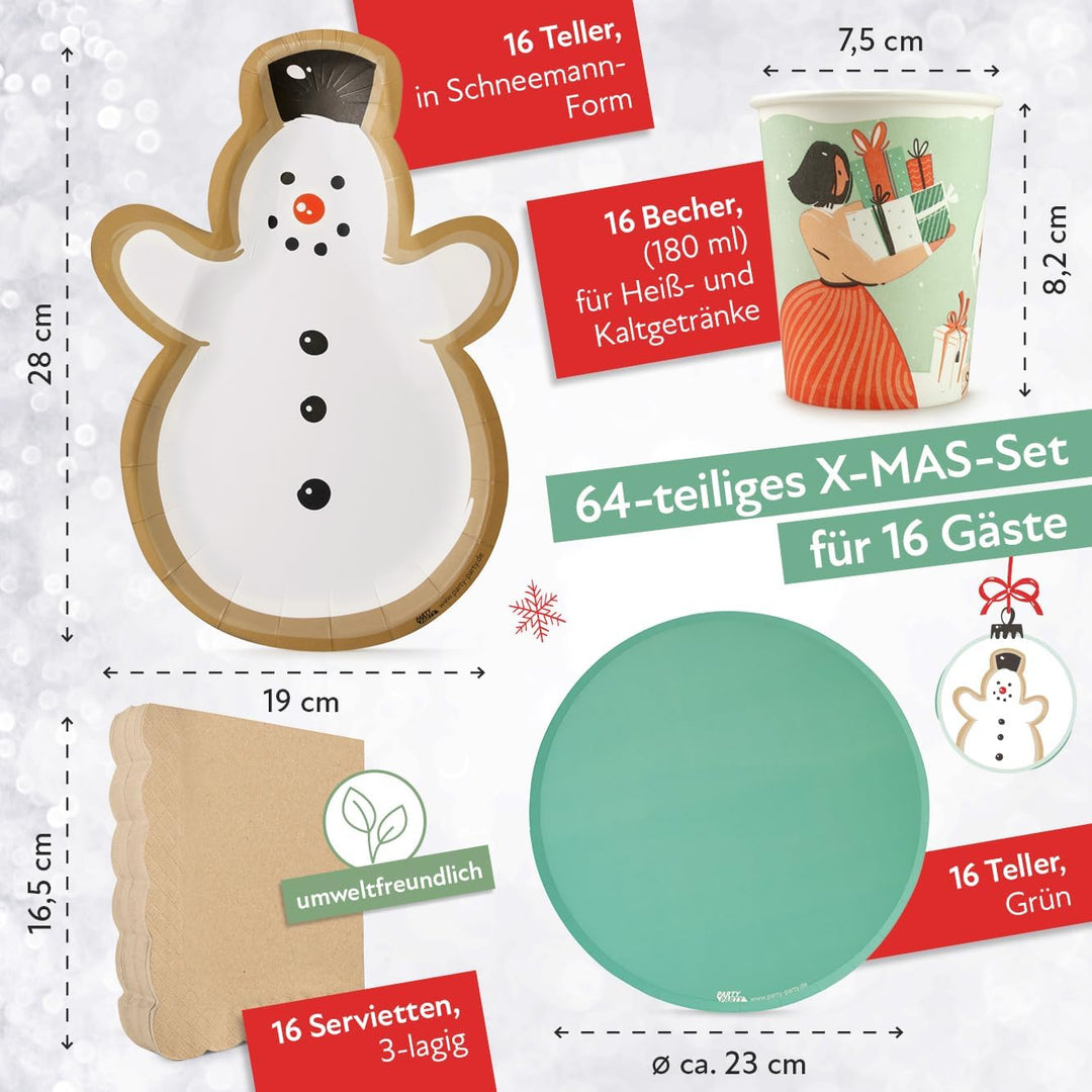 PARTY PARTY 64 Teile Weihnachten Party Set, PARTYGESCHIRR Partybecher, Pappteller, Servietten, Schne
