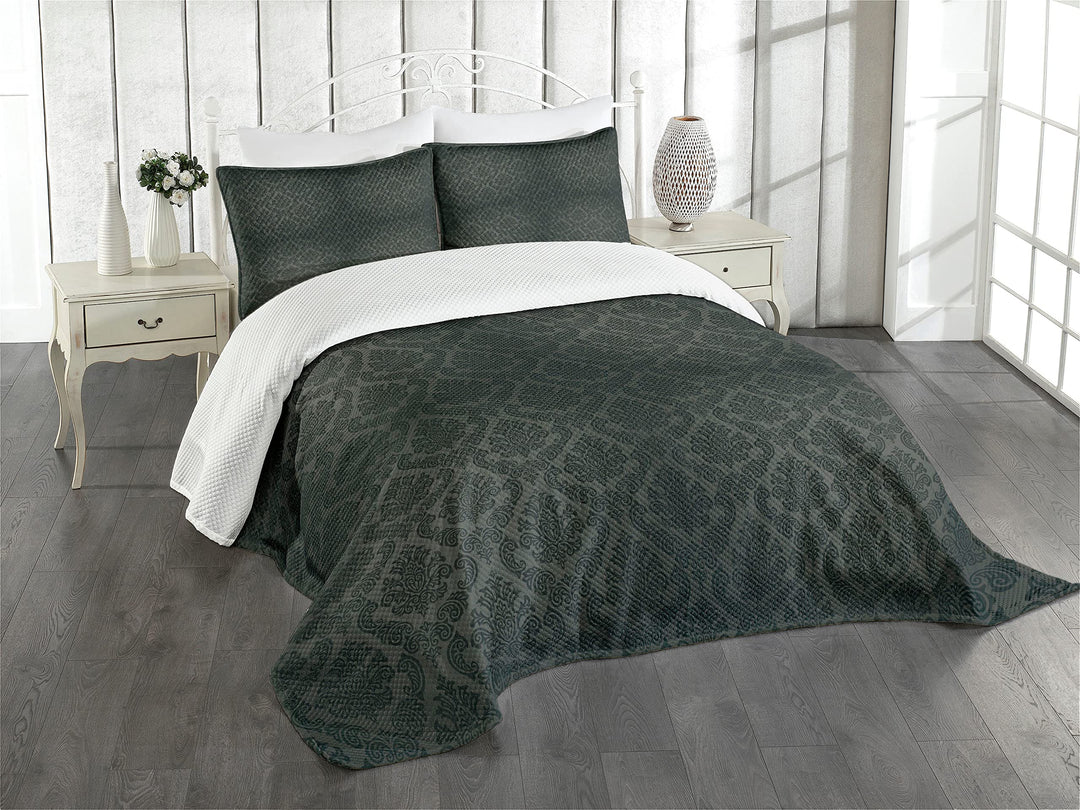 ABAKUHAUS Dunkelgrau Tagesdecke Set, Alte Damast-Motive, Set mit Kissenbezügen luftdurchlässig, für