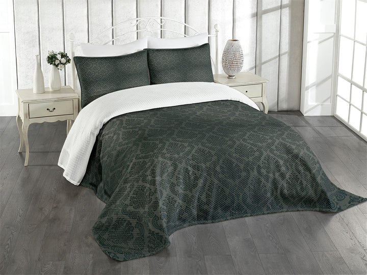 ABAKUHAUS Dunkelgrau Tagesdecke Set, Alte Damast-Motive, Set mit Kissenbezügen luftdurchlässig, für