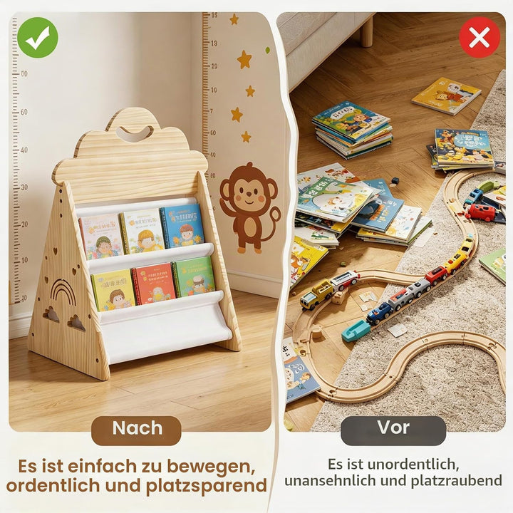 Bücherregal Kinder, Montessori Bücherregal Kinder Tragbar mit Griff, Doppelseitiges Holzregal Tragba