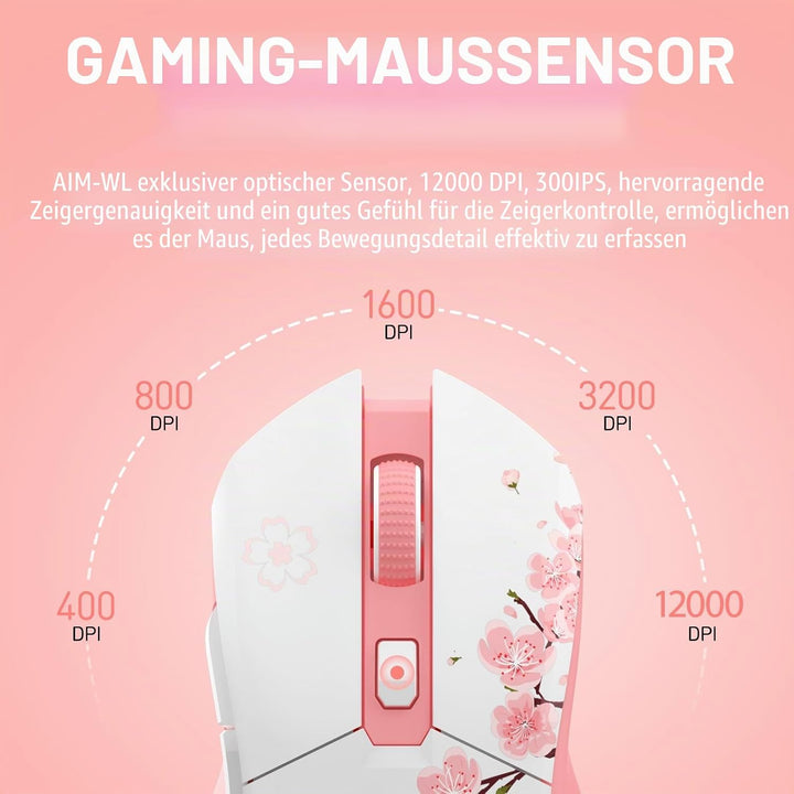 DAREU Sakura Pink Gaming Maus Kabellose mit Magnetic Charging Dock Wiederaufladbar RGB,12K DPI, 7 Pr