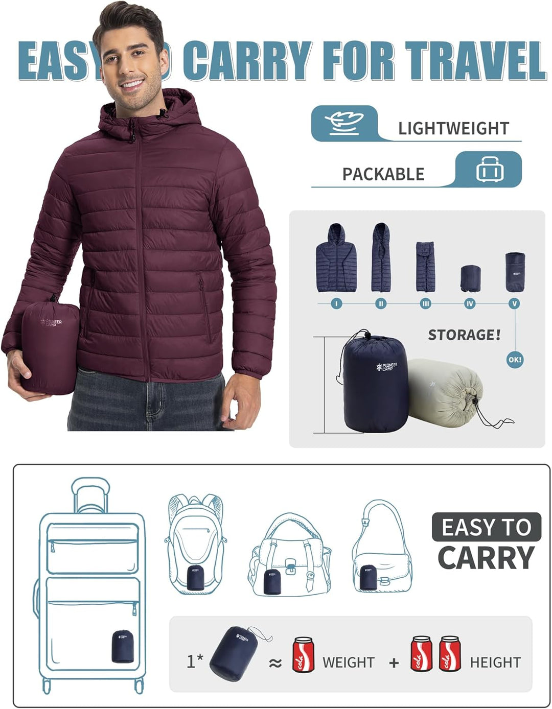 Herren Steppjacke Leichte Daunenjacken Winterjacke Übergangsjacke Outdoorjacke mit Kapuze und 6 Tasc