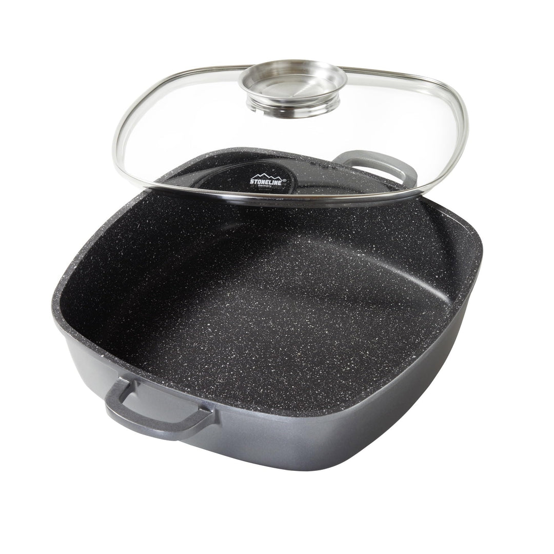 STONELINE Servierpfanne Eckig 28 cm, Eckige Pfanne Induktion mit Deckel, Aroma Funktion, Aluguss, An