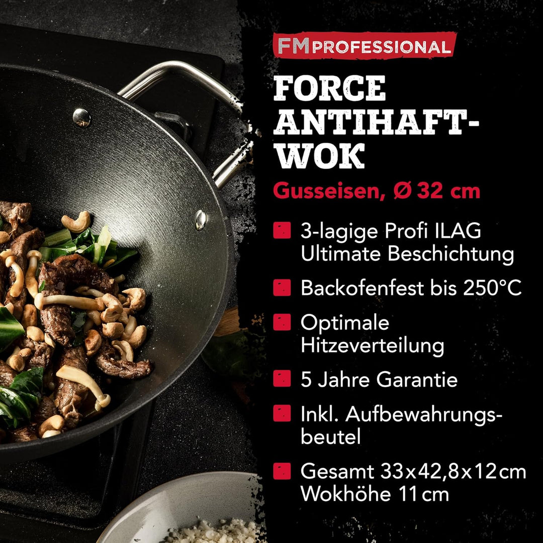 FMProfessional Force Wok aus Gusseisen 32 cm – Wokpfanne mit hochwertiger Antihaftbeschichtung – Gee
