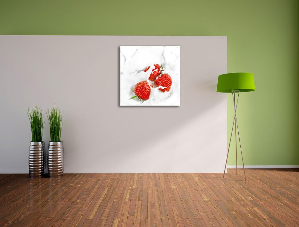 Leckere Erdbeeren in Milch, Format: 70x70 auf Leinwand, XXL riesige Bilder fertig gerahmt mit Keilra