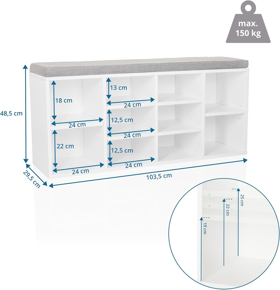 Schuhschrank mit 10 Fächern ESTHA 10 Sitzbank mit gepolsterter Sitzfläche, Schuhbank 48,5x103,5x29,5