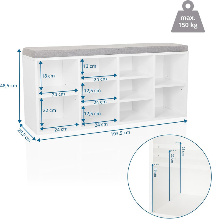Schuhschrank mit 10 Fächern ESTHA 10 Sitzbank mit gepolsterter Sitzfläche, Schuhbank 48,5x103,5x29,5