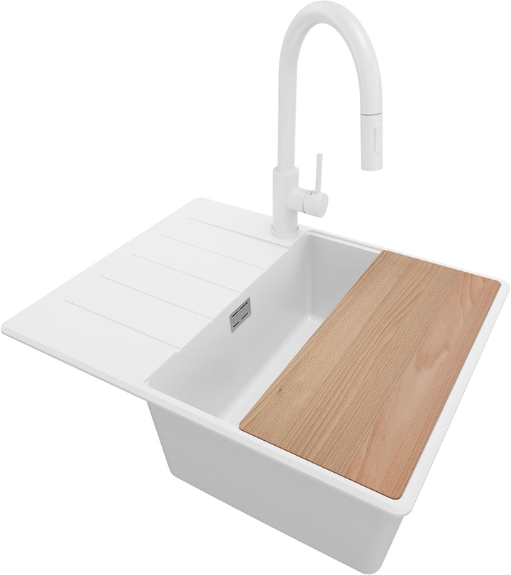 Granitspüle Weiss 62x50 cm, Spülbecken + Ablauf-Set + Küchenarmatur 9000, Küchenspüle für 45er Unter