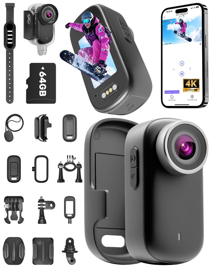 Mini Action Cam 4K NEU Upgraded, Body Cam mit 64GB SD Karte, Wasserdicht 30M, 180 Min Akkulaufzeit,