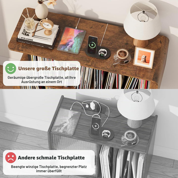 BACEKOLL Plattenspieler Regal mit EU-Steckdose &amp; LED Beleuchtung, Schallplatten Aufbewahrung für 250