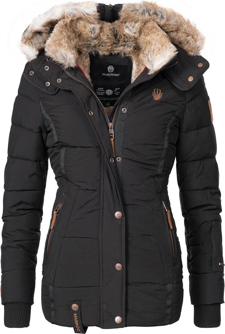 MARIKOO Damen Winterjacke warme Steppjacke mit Kunstfell Innenfutter Nekoo XS-3XL M Schwarz, M Schwa