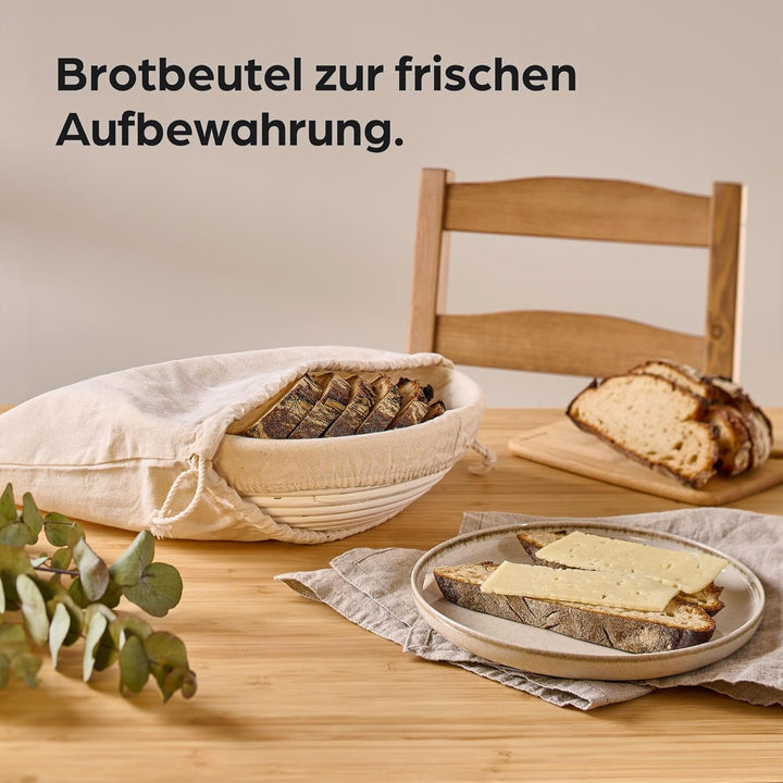 Praknu Gärkorb zum Brotbacken - Aus nachhaltigem Rattan - Rund - 25cm - Set inkl. Bürste, Leineneinl