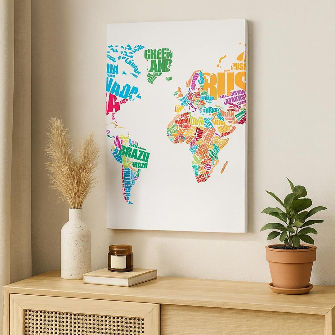 Bilder auf Leinwand Karte Worte Welt Geographie Leinwandbild mit Rahmen 45x80cm Wandbilder Dekoratio