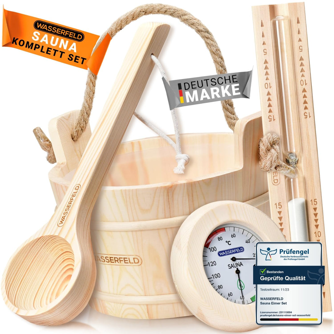 WASSERFELD® Sauna Eimer Set (4 Liter) - Hochwertiger Sauna Eimer mit Kelle, Sanduhr, Thermo- & Hygro