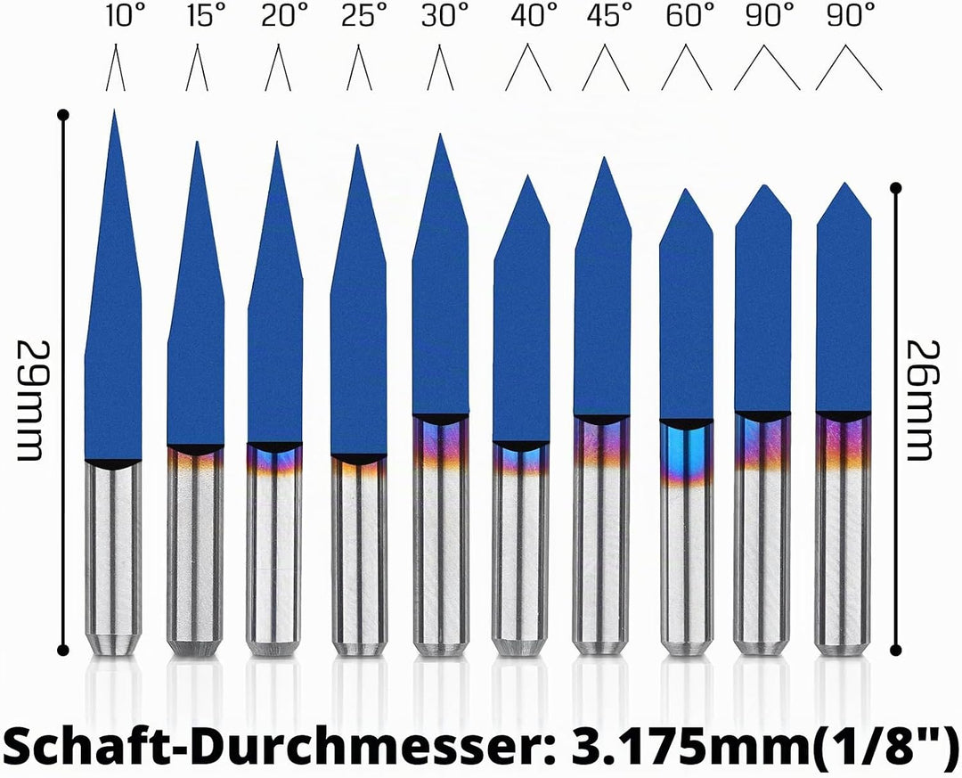 Genmitsu 10 Stück 1/8 Zoll Schaft V-Nut CNC-Fräser-Bits, 10/15/20/25/30/40/45/60/90/90 Grad-Set, kon