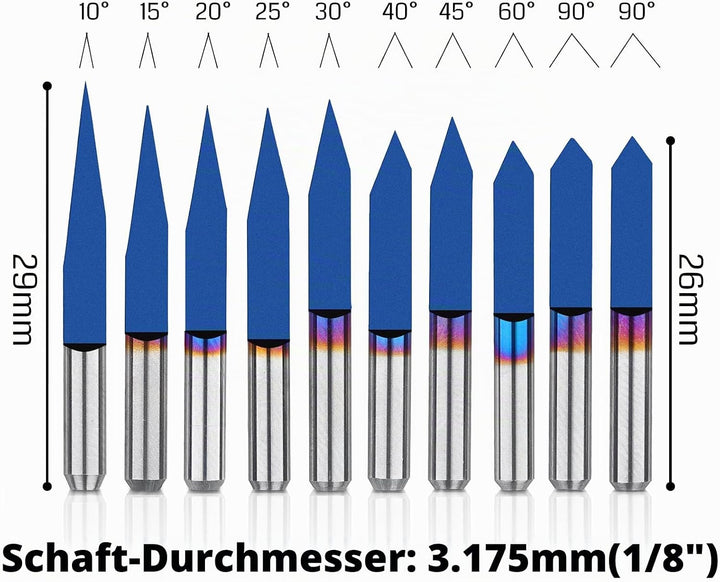 Genmitsu 10 Stück 1/8 Zoll Schaft V-Nut CNC-Fräser-Bits, 10/15/20/25/30/40/45/60/90/90 Grad-Set, kon