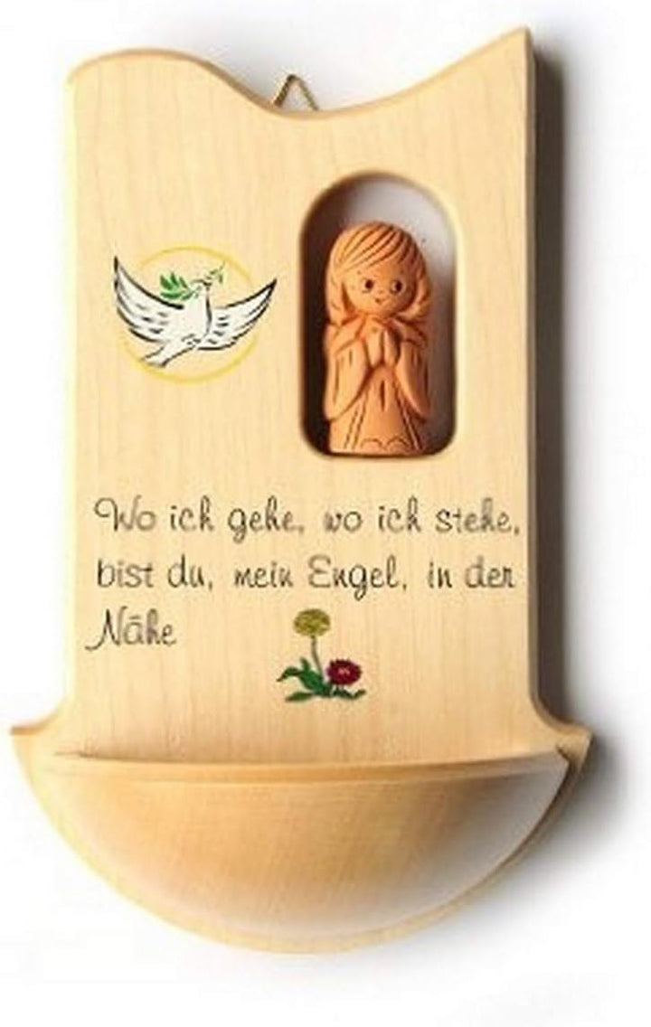 Weihkessel aus Holz mit TONENGEL – kindgerechtes WEIHBECKEN mit Spruch „Wo ich gehe…“ – TAUFKESSEL f