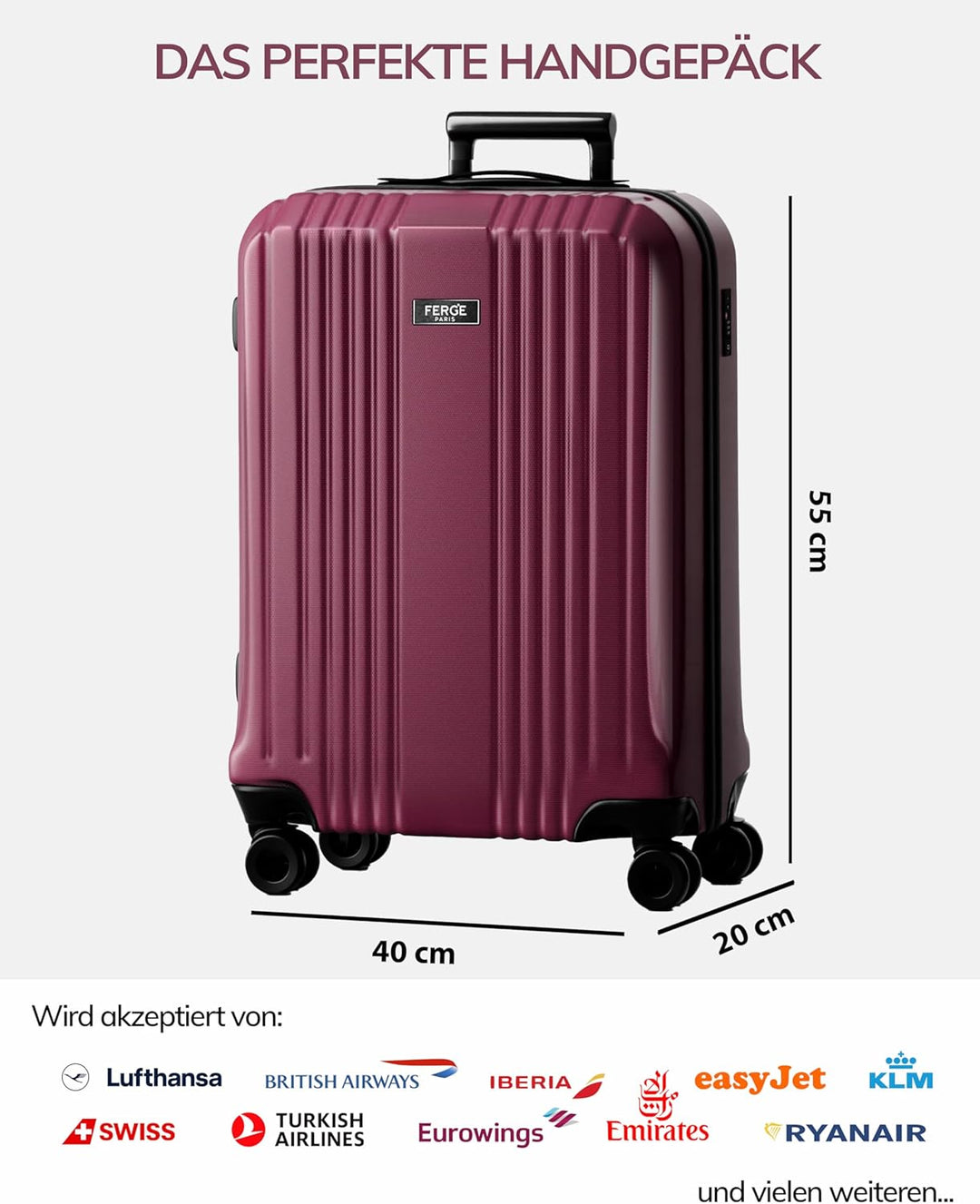 FERGÉ Handgepäck-Koffer Hartschale mit TSA Schloss Cannes Bordgepäck Rollkoffer 55 cm Reisekoffer Ka