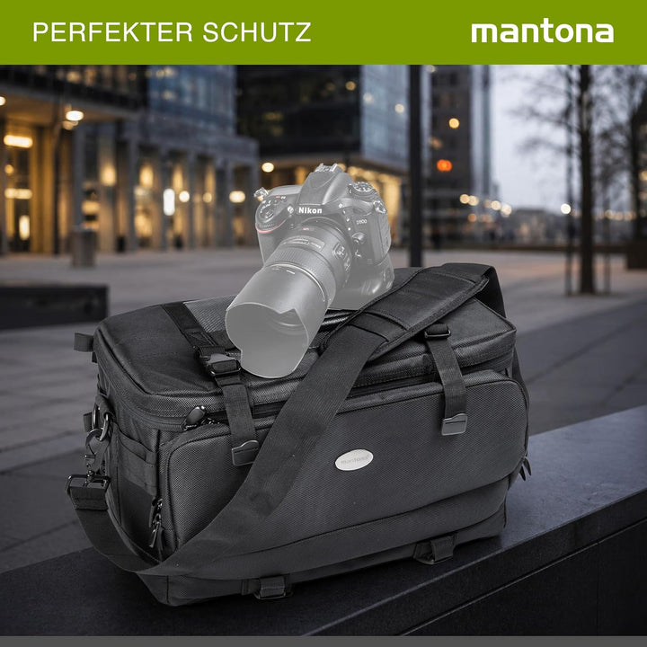 Mantona New York Fototasche (inkl. 5 Trennstegen, abnehmbarem Tragegurt und Regenschutzhülle) schwar