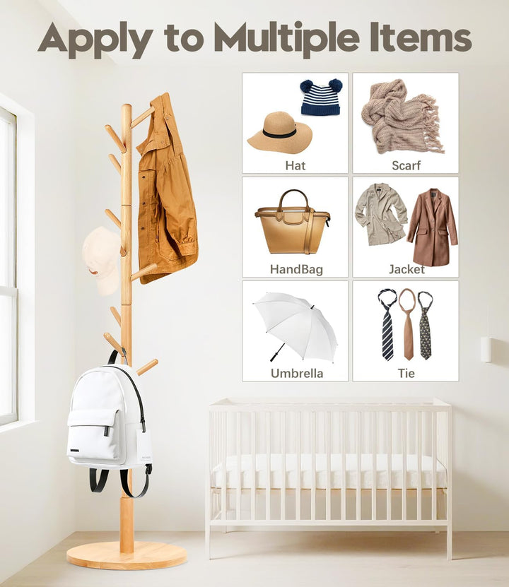 Garderobenständer, Kleiderständer aus Buchenholz Massivholz in Baumform für Kleidung, 9 Haken, 185 x
