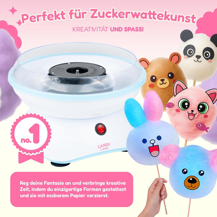 CANDY LAMA Zuckerwattemaschine für Zuhause | Cotton Candy Machine mit Stäbchen und Messlöffel | Zuck
