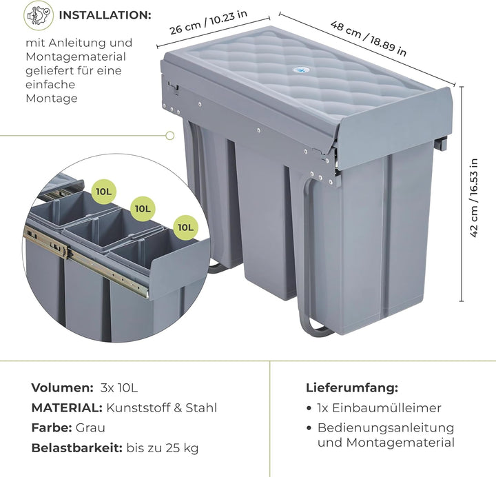 [en.casa] Einbau-Mülleimer Froland Abfallsortierer Ausziehbarer Müllsammler 3 Herausnehmbare Fächer