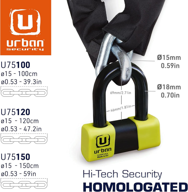 urban Security U75100 Motorradschloss Kettenschloss, Hochsicherheit Level 20, Gehärtetem Stahl ø15,