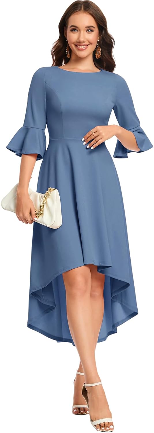 Gardenwed Festliches Kleid Damen 3/4 arm Flare Bell Sleeve Rundhals Kleider High-Low Cocktailkleider